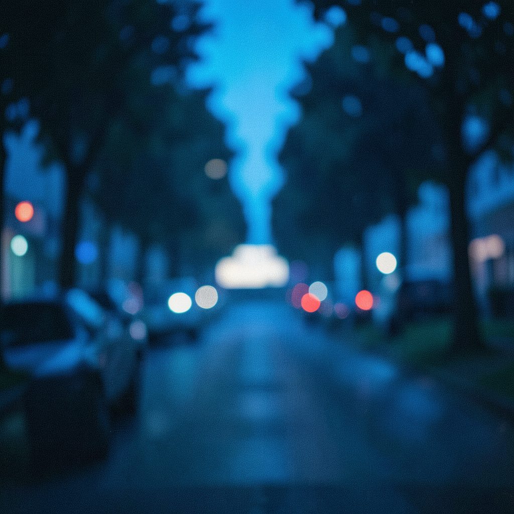 a wide blurred shot of a glowing screen in a dark room, deep blue and black tones, cinematic mood