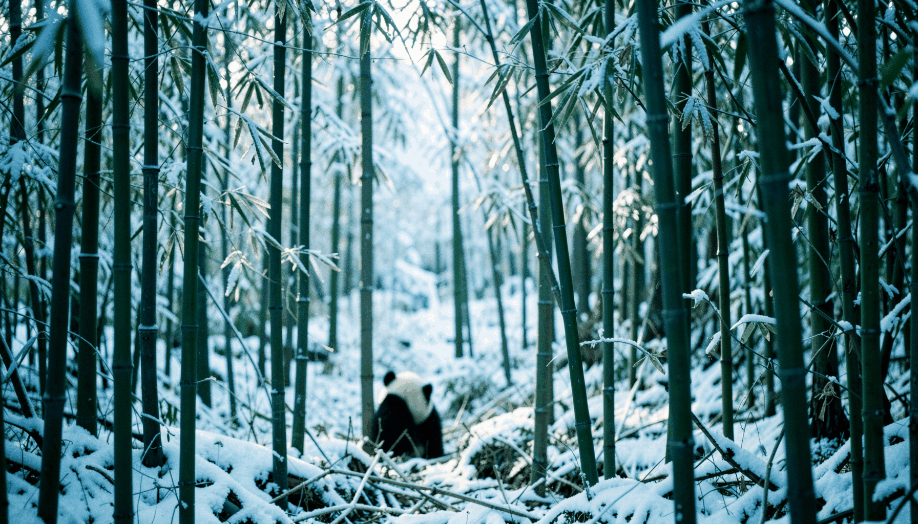 Snow-dusted bamboo forest in soft morning light with a panda cub visible among the stalks, cool greens and whites
