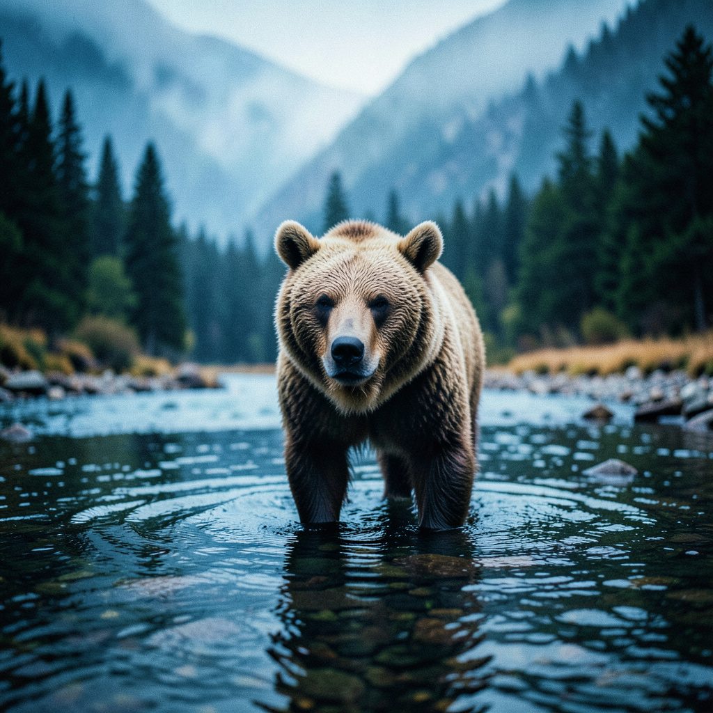 Close-up of a grizzly bear standing in a shallow river surrounded by misty mountain forest, earthy browns and cool blues