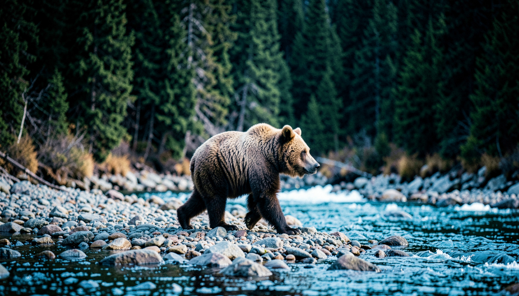 A lone grizzly bear walking along a rocky riverbank with dense evergreen forest behind, muted browns and deep greens