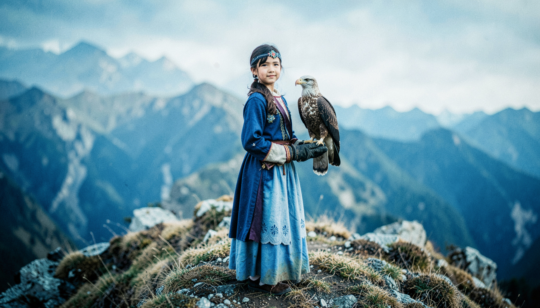 A young girl in traditional clothing standing on a windswept mountain ridge with an eagle perched on her gloved arm, pale blues and earthy grays