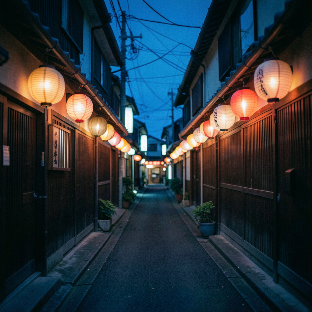 Cinematic wide shot of a quiet Japanese alley at night with paper lanterns glowing in soft orange and red tones