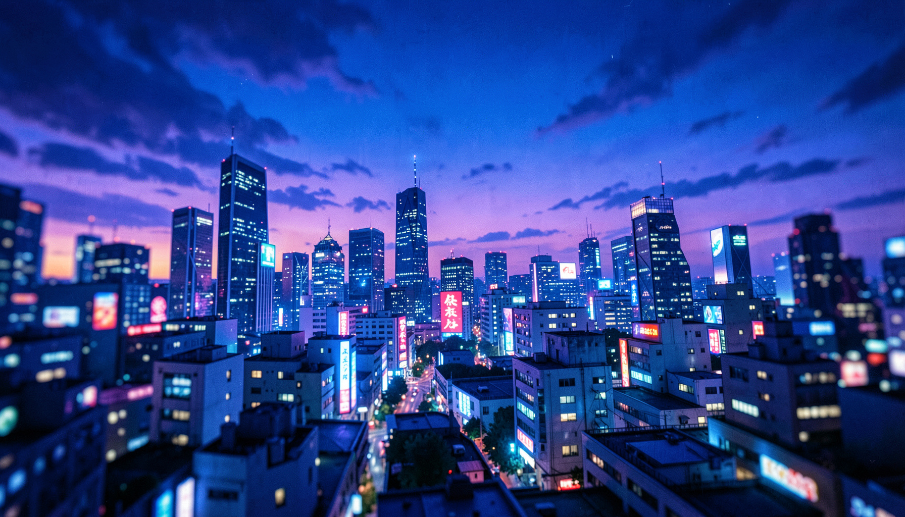 Vibrant anime-style city skyline at dusk with neon reflections in deep blues and purples, wide cinematic frame