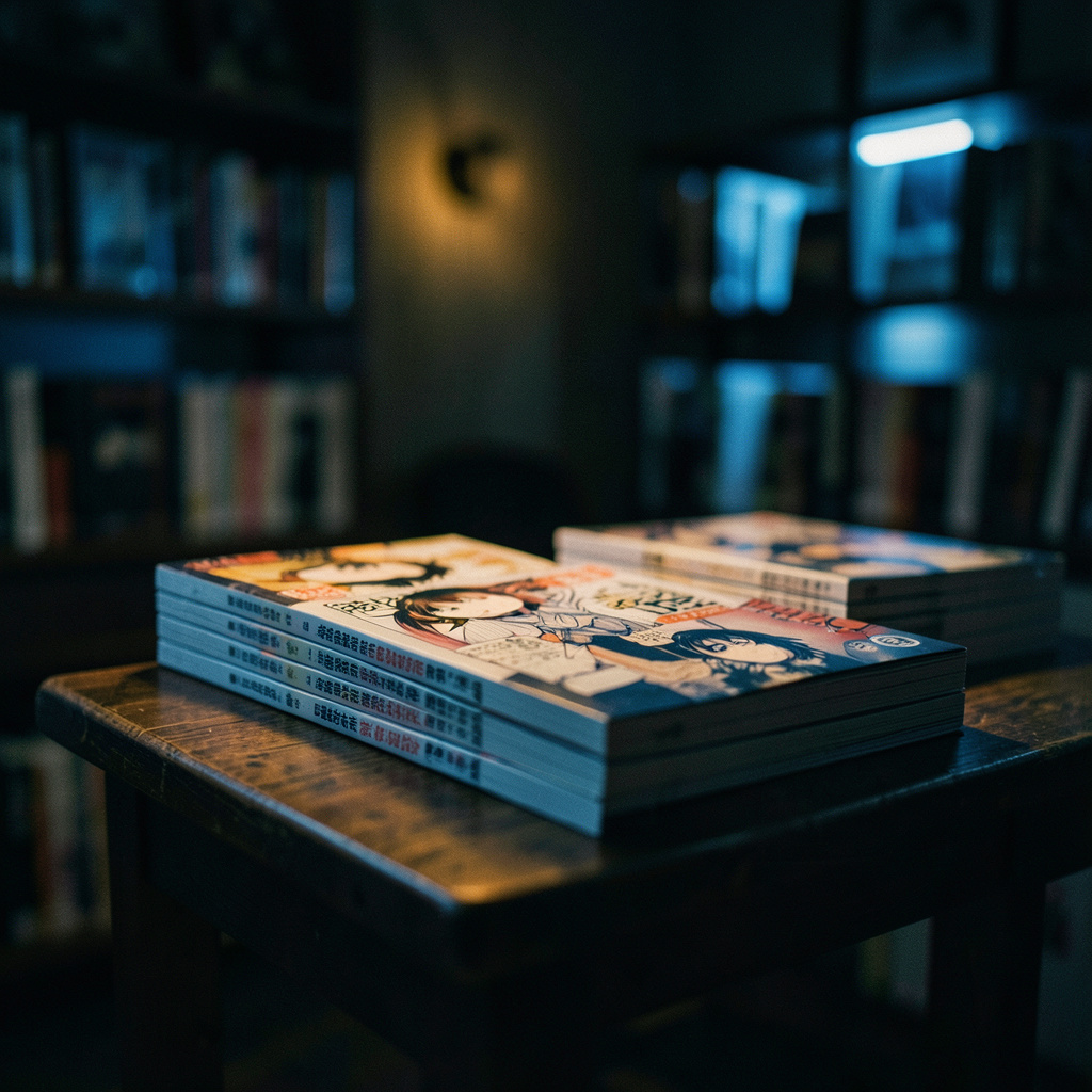 Dark atmospheric interior with manga volumes stacked on a wooden table, warm amber light, shallow depth of field