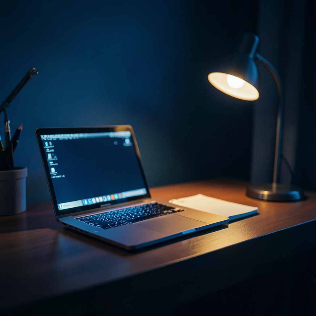 A dimly lit desk with a glowing laptop screen, warm amber desk lamp casting soft shadows across a notebook, deep navy and charcoal tones dominating the scene